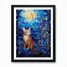 Stained Glass Of A Cat Under The Mo Framed Wall Art Poster Canvas Print Picture