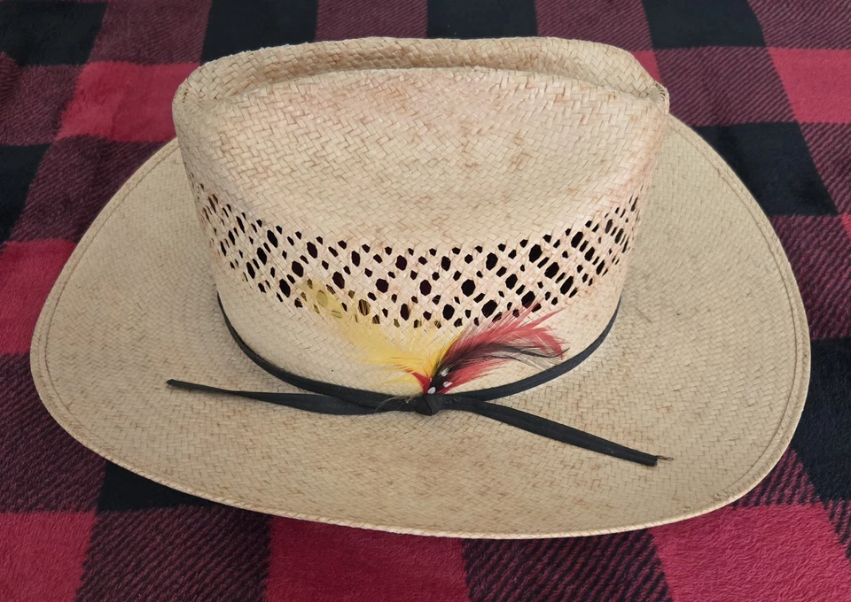 Chapéu de cowboy vintage STETSON palha ~ Tamanho 67/8 com penas vermelhas, amarelas e pretas 🪶  - Imagem 2 de 4