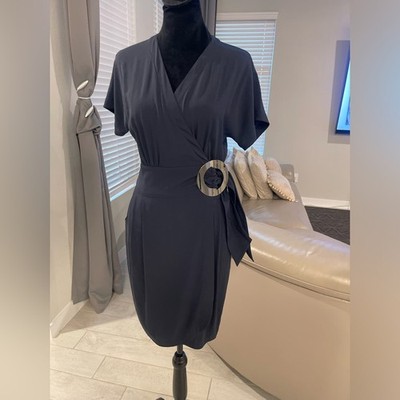 armani collezioni silk dress Armani Collezioni Silk Blend Wrap Front giant buckle Dress US 2