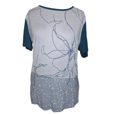 Just Elegance Damen T-Shirt Größe L türkis blau Blumen Diamanten Oberteil Kurzarm
