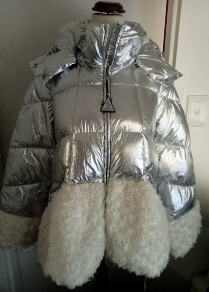 MONCLER Algenubi Silver Metallic Faux Shearling Down Puffer Jacket Size 2
