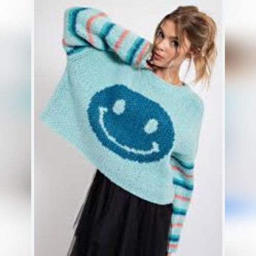 Easel like you mean it smiley face sweater blue fuzzy soft cozy sz S NEW - Picture 1 of 7
