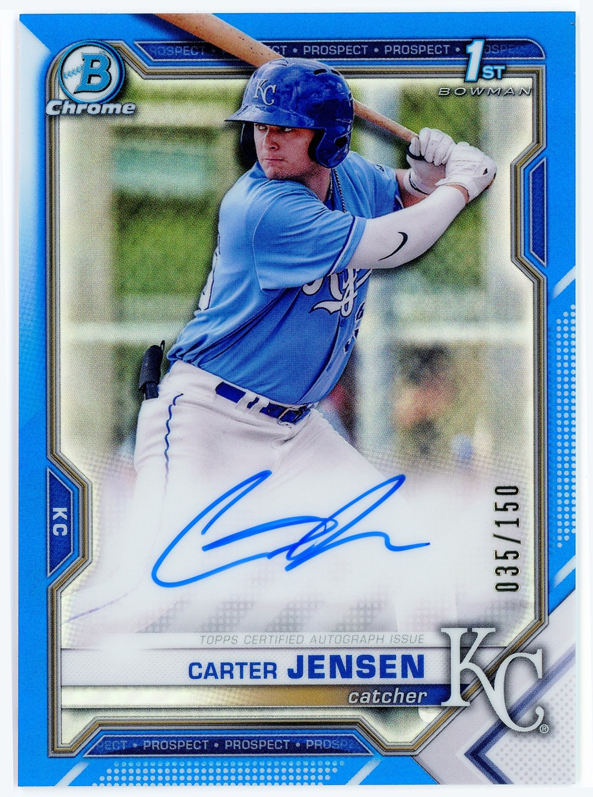 Carter Jensen 2021 Bowman Chrome Draft 1st Blue Refractor Auto /150 CDACJ Royals