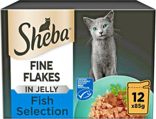 48 x 85g Sheba Fine Flakes Adult Wet Cat Food Pouches Mixed Fish in Jelly 5.88 per kilo