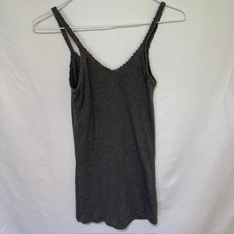 Y2K 90 年代女式针织背心吊带 M 码扇形装饰长款修身罗纹灰色 — 第 4/4 张图片