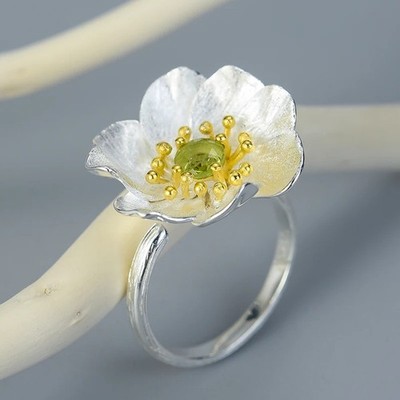 Blooming Anemone Flower Peridot 925 Silver Handmade Ring Sz Adjustable WG