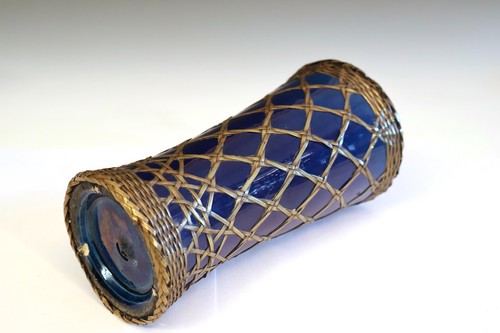 Ancien vase awaji poterie laiton bleu tissage drapeau marque four Sanpei - Photo 4/10