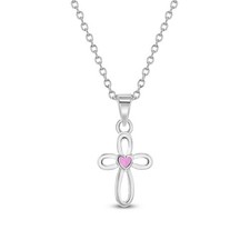 925 Sterling Silver 16" Girls Pink Enamel Heart Open Cross Pendant Necklaces