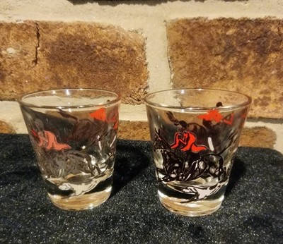 Vintage Set of 2 Fox Hunt Shot Glasses Horse, Rider, And Dogs Red & Black Print