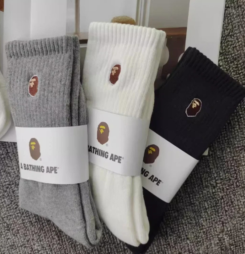 NWT - 3 Pairs BAPE A Bathing Ape Head Logo Embroidered Crew Socks Mid Calf-White