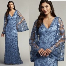 TADASHI SHOJI Size 6 Lace Sequin Long Bell Sleeve Deep V-Neck Gown in Blue