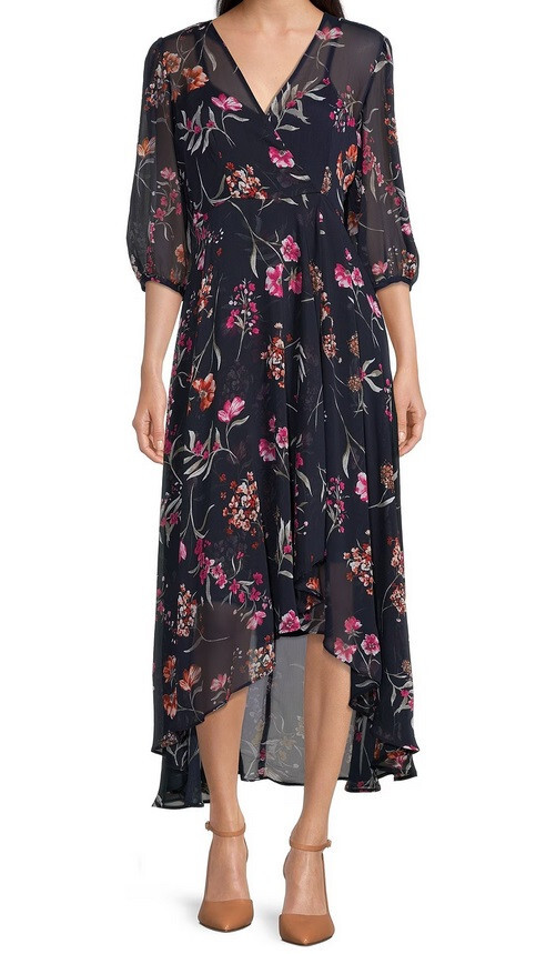 CALVIN KLEIN WOMENS FAUX WRAP DRESS CHIFFON MIDI FLORAL BLACK & MULTICLR  SIZE 6 | eBay