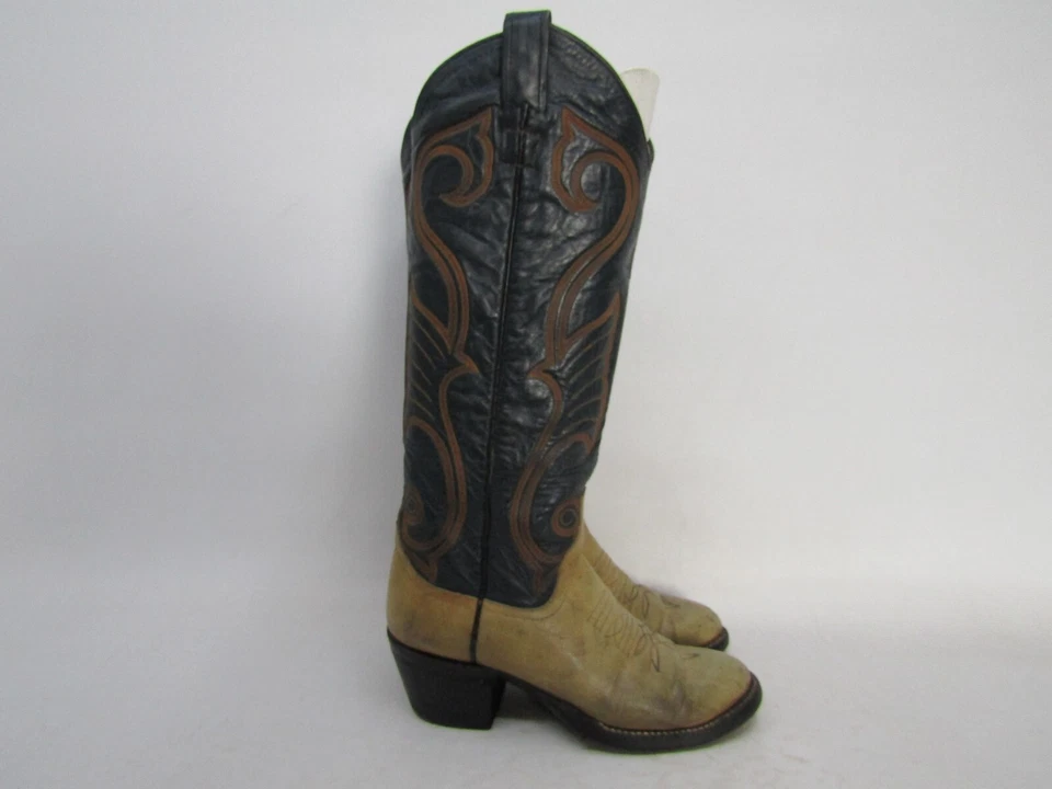 Larry Mahan Womens Size 4.5 B Blue Brown Leather Cowboy Western Boots - Image 3 of 4