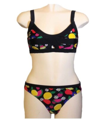 Boohoo Bikini Black Fruit Design Swimsuit Swimming Costume Size