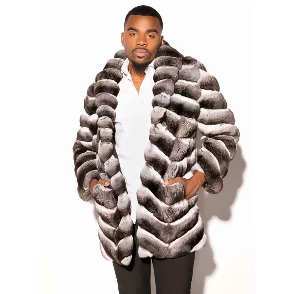 2025 Winter Men Chinchilla Print Real Rex Rabbit Fur Coat W