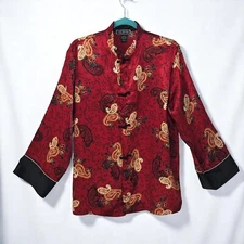 Halston Paisley Blouse Woman Large Mandarin Collar Frog Closures Red Gold Asian