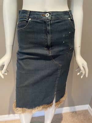 Elsy Jeans for Neiman Marcus denim skirt with fur trimmed hem Size 44