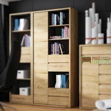 SHETLAND TALL WIDE 1 DOOR 4 DRAWER BOOKCASE SHELVING STORAGE UNIT OAK FINISH