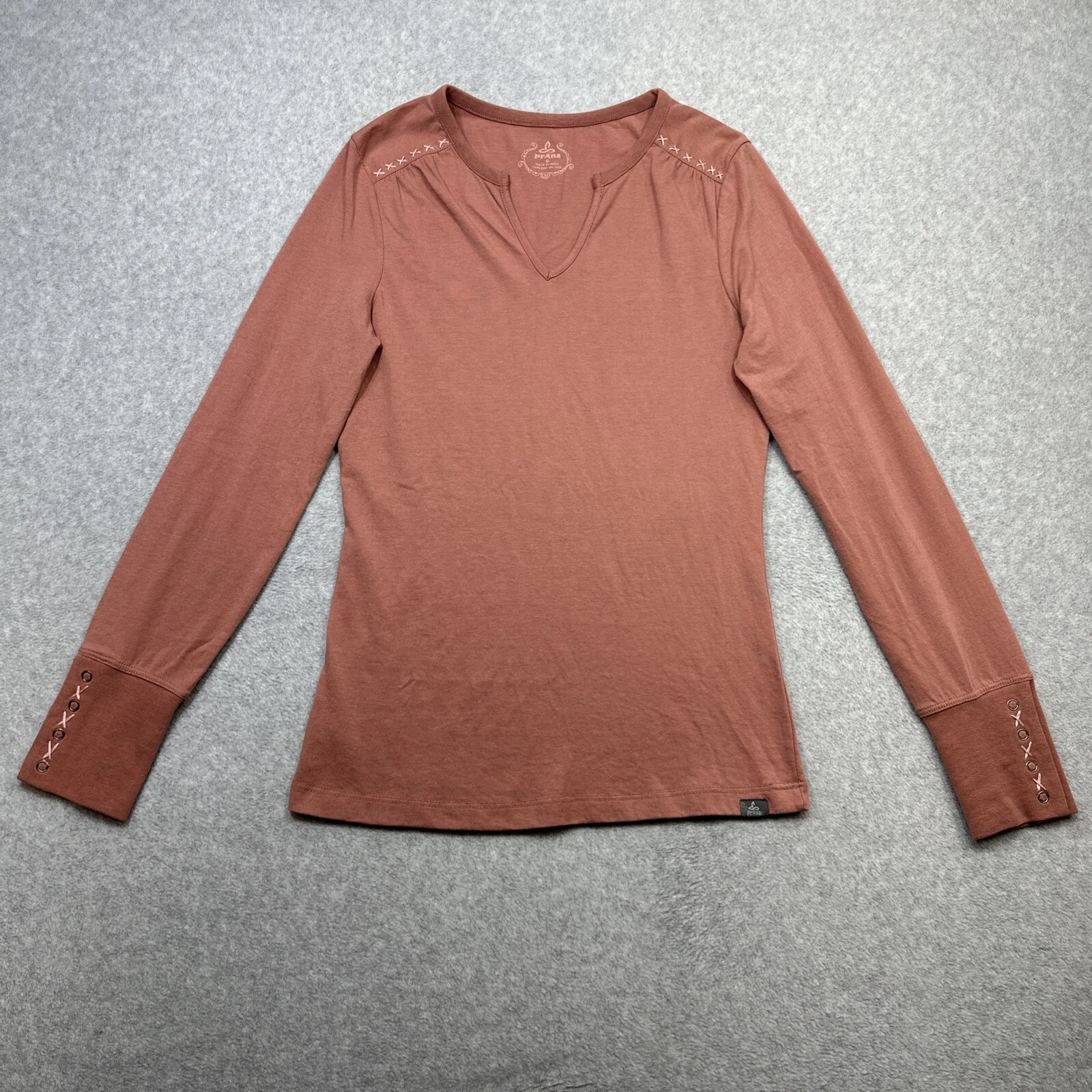 prana v neck snap cuff embroidered outdoor casual hipster shirt