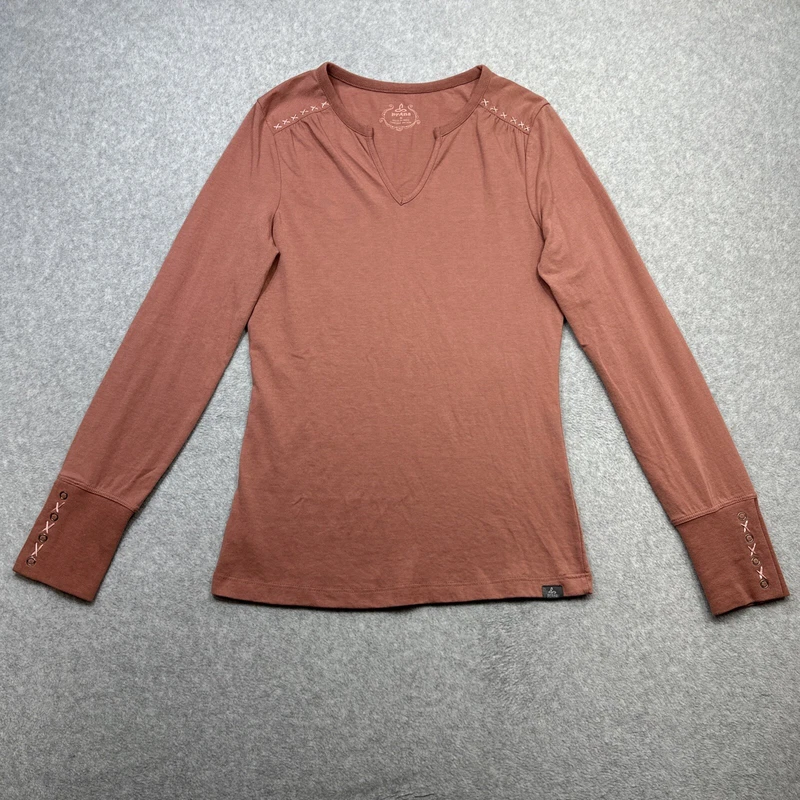 prana v neck snap cuff embroidered outdoor casual hipster shirt