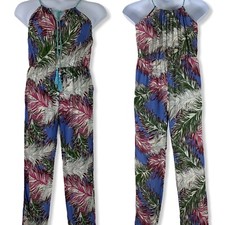 Size Small Jumpsuit Floral Foliage Sleeveless Blue Pink Adjustable Ananxianzi