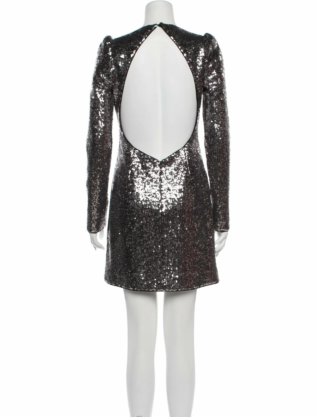 VALENTINO Mini abito paillettes argento taglia 4 girocollo sbuffo manica lunga ritagliato dietro Rachel Zoe