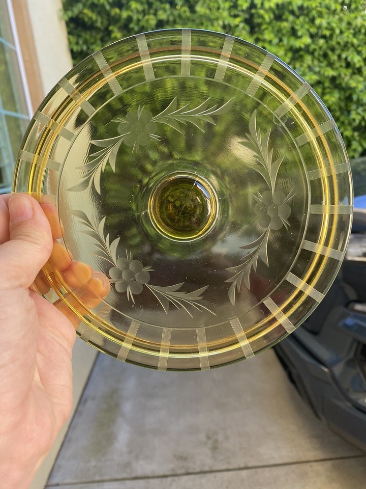 RARE Cambridge Amber Glass Etched Floral Flower Candy Covered Divided