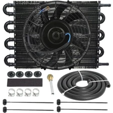 8 PASS BLACK ALUMINUM 3/8 INCH 6AN HOSE TRANSMISSION OIL COOLER ELECTRIC FAN KIT
