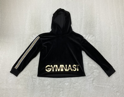 Justice Active Girls Size 12 Long Sleeve Black Velour Crop Hoodie Gold  Gymnast