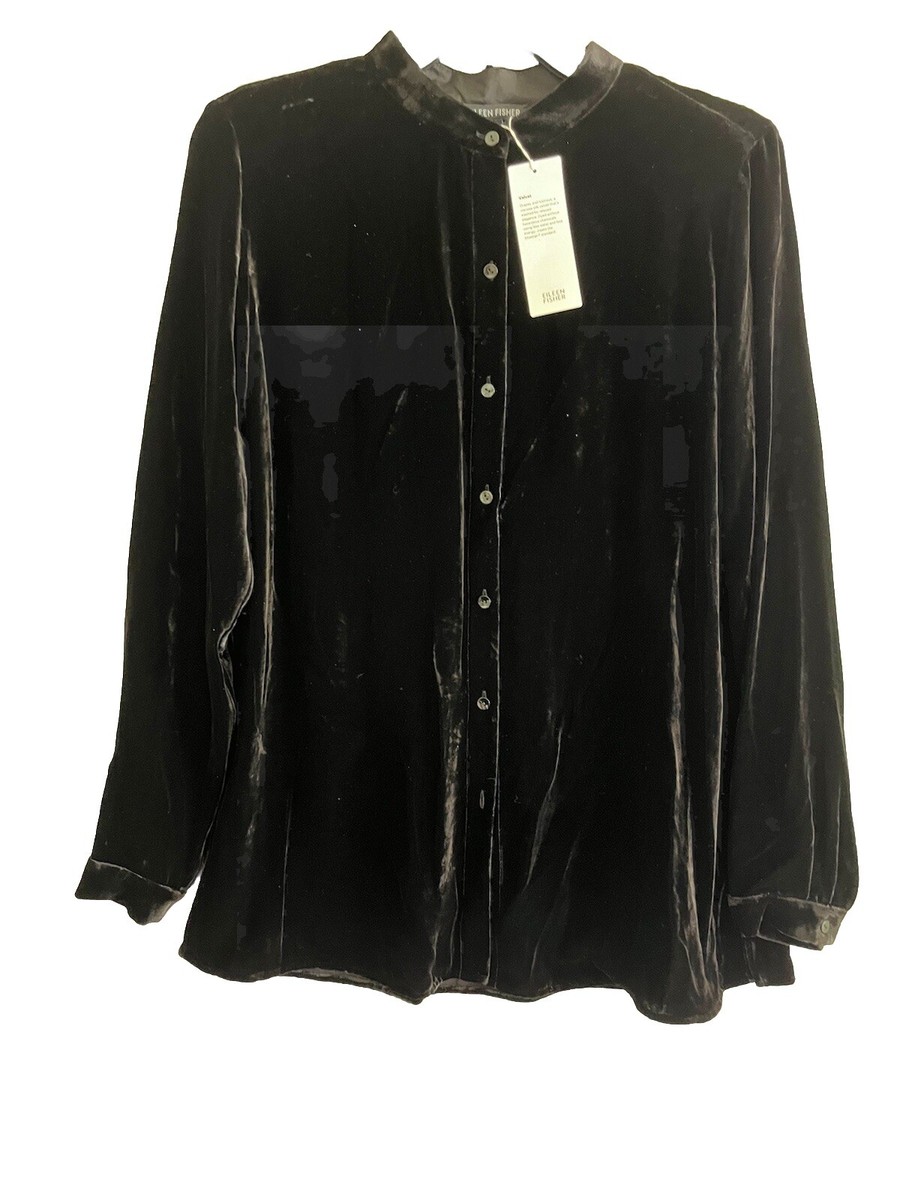 Eileen Fisher Black Silk Velvet Mandarin Collar Long Shirt Tunic