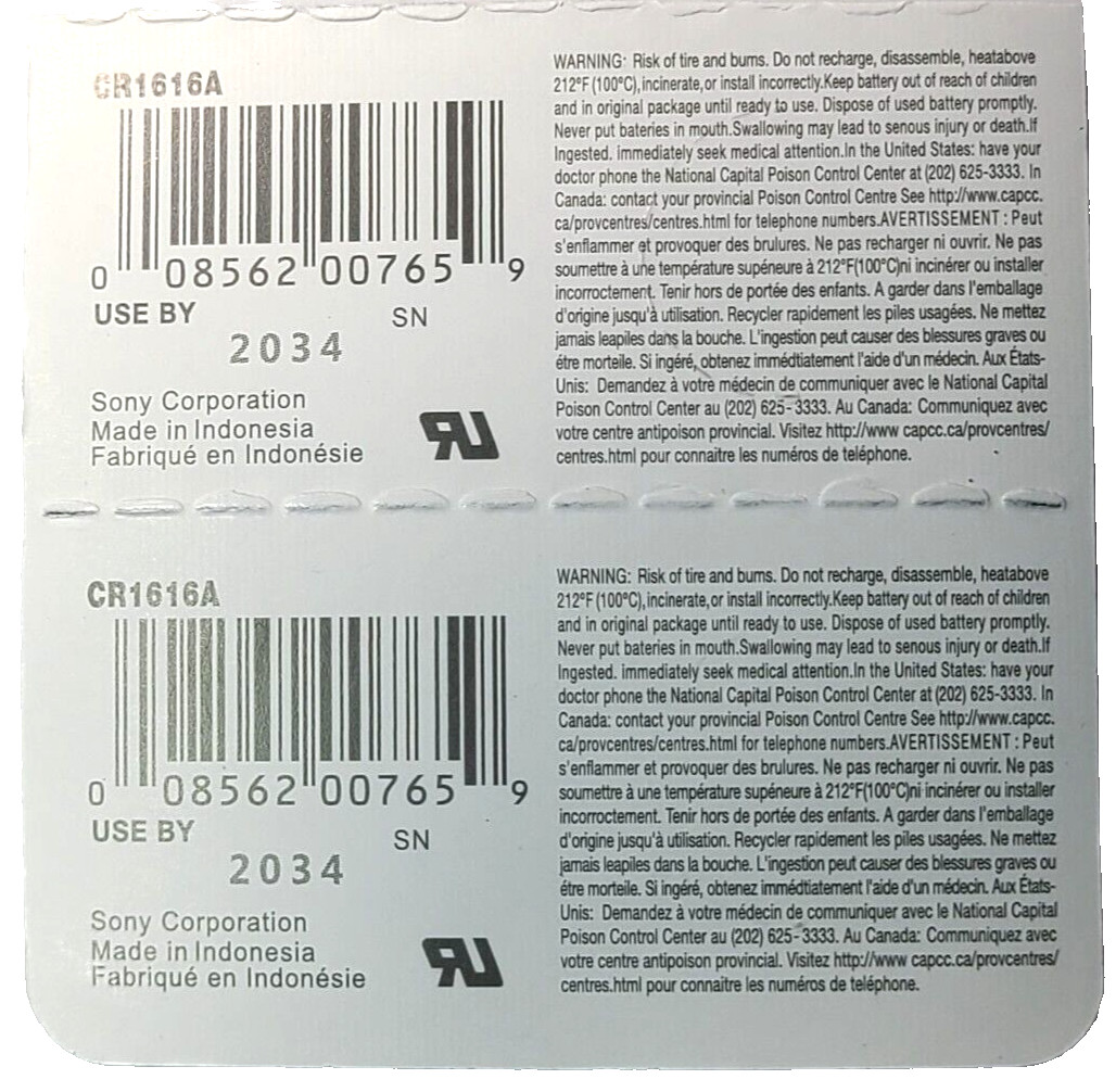 CR1616 SONY MURATA 2PK 3V LITHIUM (GREAT EXP 2034) DL1616 ECR1616 FREE SHIP&TRAK