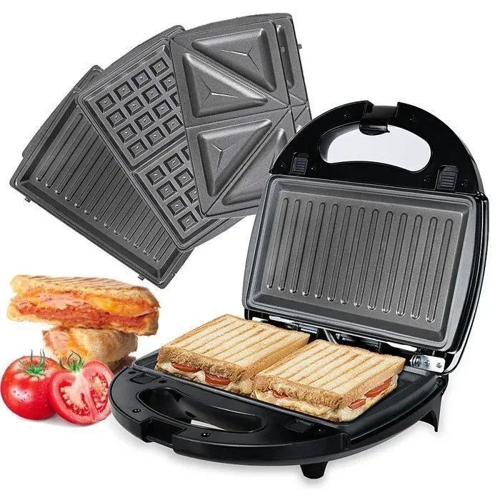 Appareil 3 en 1 grill gaufrier croque-monsieur polyvalent plaques interchangeables