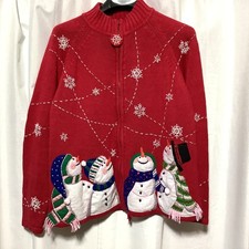 Vtg Christmas Cardigan Sweater Heirloom Collectibles Sz M Snow-men Bead Zip READ