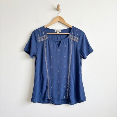 Unity World Wear Blue Boho Split Neck Rayon Blouse XL Short Sleeve Romantic