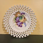 Vintage Lefton Plate Grape Vineyard Milk Glass Hand Painted Reticulated Rim
