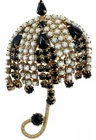Vintage Milk Glass Rhinestone Mid Century Umbrella Brooch Gold Tone Parasol Pin