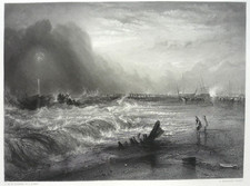 Large antique engraving "Vessel off Yarmouth" by Brandard after Turner, c 1860