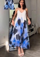 ZARA BNWT 2025. ECRU BLUE TIE DYE RAMIE PRINT DRESS STRAPS. Size S 2787/193