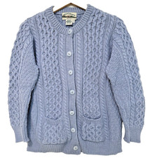 S Vtg Aran Crafts Ireland Light Blue Merino Wool Cable Knit Cardigan Sweater