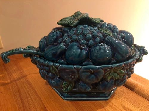 Inarco Mood Indigo Blue 3-pc 2.5 qt Soup Tureen w/ Lid & REPAIRED Ladle E3379
