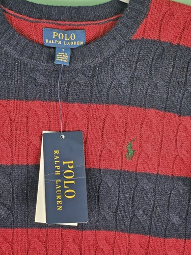 Polo Ralph Lauren Sweater Boys 7 Red Navy Blue Striped Preppy Crewneck Pullover - Picture 3 of 3