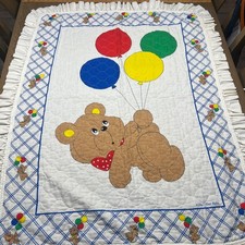 Vtg 80's That's Our Baby Teddy Bear Balloons Quilted Nursery Blanket