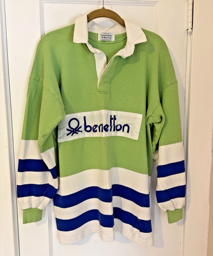 Benetton, Vintage Benetton Rugby Polo Shirt Sz M/L Pablo Green White Striped Italy -Read