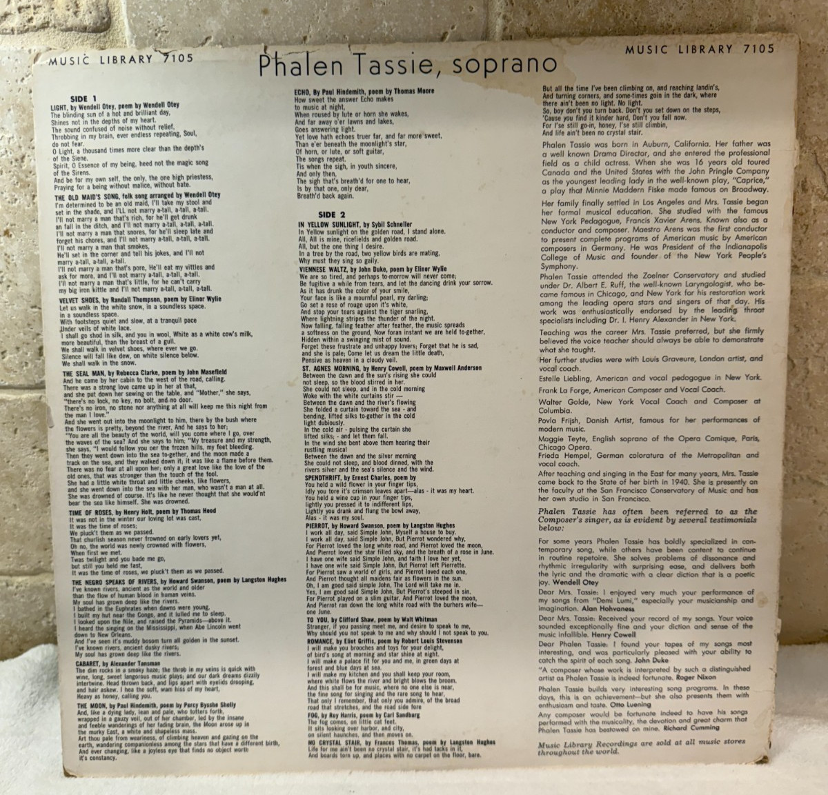 1965 PHALEN TASSIE Soprano Sings Music Library 7105 Lero Miller LP Vinyl Vintage