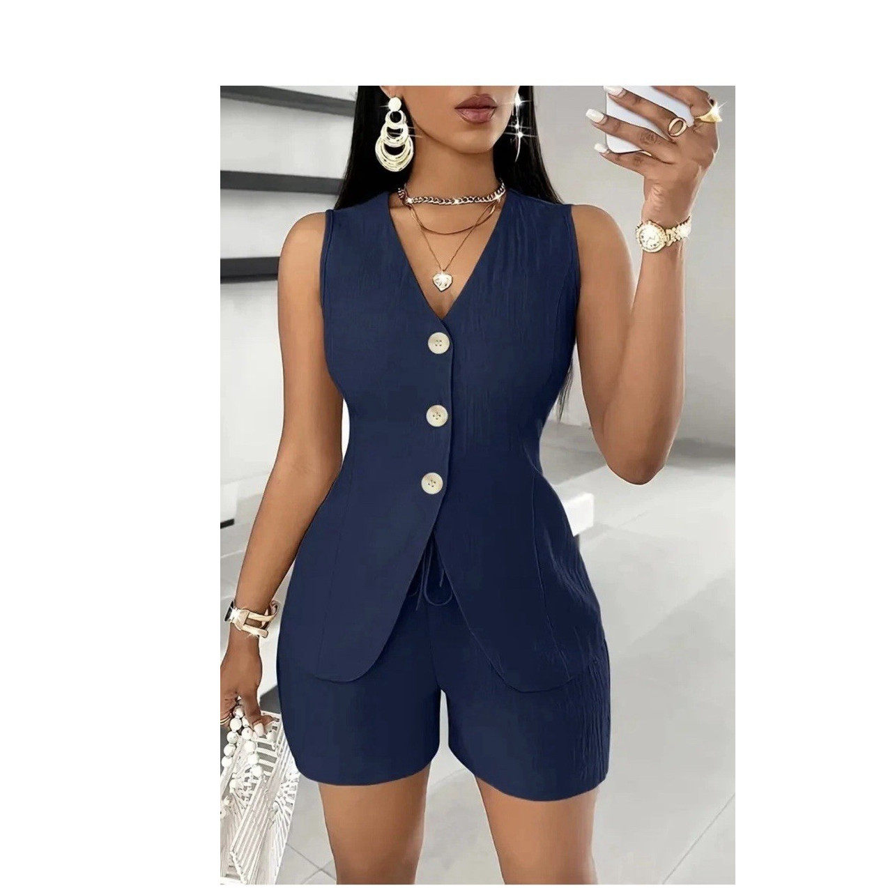 Women's Navy Blue Solid Sleeveless V-Neck Button Front Romper Shorts ML