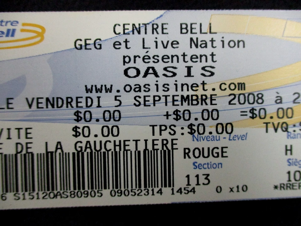 Oasis, Unused Complimentary Ticket, Centre Bell, Montreal, Friday, 5 Sept 2008 - Image 2 of 3