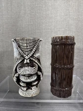 Tiki Lin Ceramic Mug Tumbler  7” Barware Set Of 2 Brand New