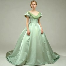 Vintage Sage Green Prom Dresses V-Neck Short Sleeves Satin Ruffled Evening Gowns