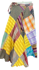 Vintage 1990s colorful patchwork wrap midi maxi skirt XS S yellow plaid stripes