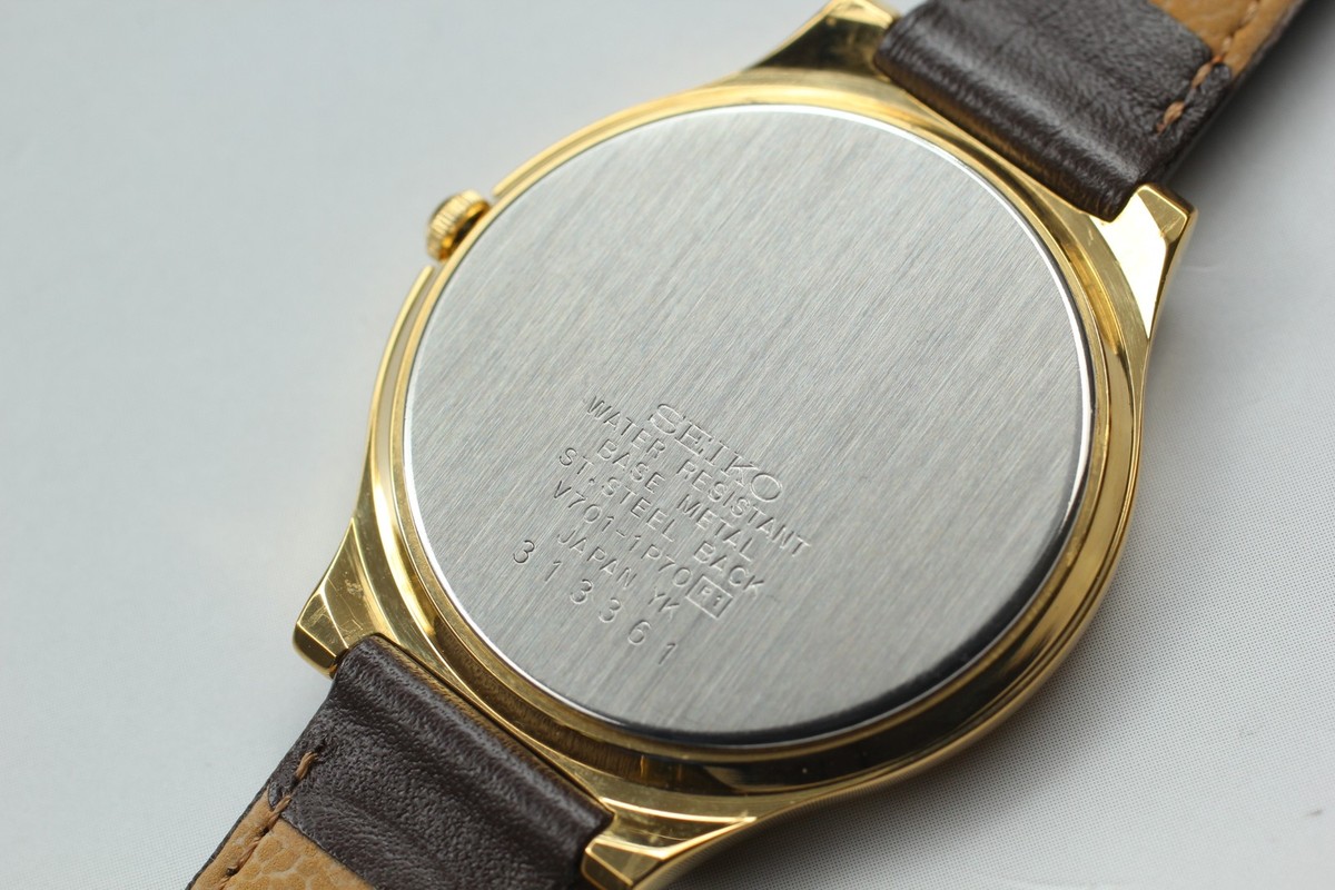 N MINT Seiko V701-1P70 Geometric Dial Gold Round Quartz Womens 